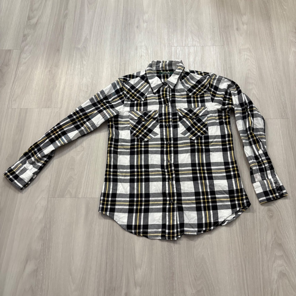 Lauren Ralph Lauren Women Shirt Plaid Western Snap Button Down Black Yellow Sz L